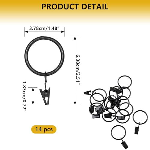 Curtain Rings with Hooks 14 Pack - Rustproof Metal Drapery Clips for Window, Shower, Door, 1.5" Inner Diameter, Smooth Gliding, Fits 5/8" to 3/4" Rods, Black - color: Black