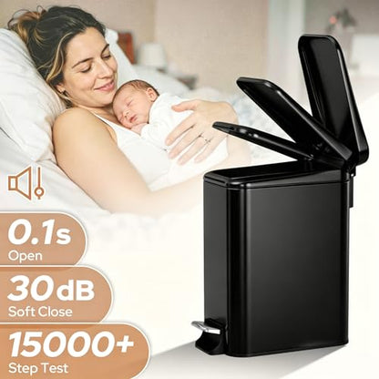 Small Bathroom Trash Can w/Lid Soft Close, 6 Liter/1.6 Gallon Stainless Steel Garbage Can w/Inner Bucket, Trash Bin Waste Basket for Kitchen, Bedroom, Living Room, Office, Toilet, Black - color: Black