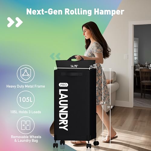 Caroeas Next-Gen 105L Matel Frame Laundry Basket with wheels, Heavy Duty Tall Rolling Laundry Hamper with Removable Wash Bag, Collapsible Freestanding Clothes Hamper (100L,Black,1Pack) - color: Black