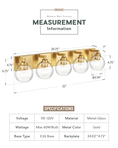 5-Light Brushed Gold Bathroom Vanity Light, Clear Glass Globe Shade | 32" modern bathroom light fixtures over mirror, E26 base, bulbs not included, VL195-BG-CL-5 - color: Brushed Gold, Clear Glass, size: 5-light
