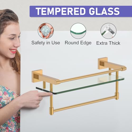 Bathroom Glass Shelf Brushed Gold Finish with Towel Rack, SUS304 Stainless Steel, 16-inch Tempered Glass Shelves for Wall - color: Brushed Gold, size: 16-inch with Railing