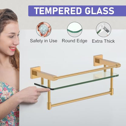 Bathroom Glass Shelf Brushed Gold Finish with Towel Rack, SUS304 Stainless Steel, 16-inch Tempered Glass Shelves for Wall - color: Brushed Gold, size: 16-inch with Railing