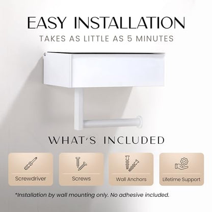 Day Moon™ - Toilet Paper Holder with Shelf - Modern Roll Holder for Bathroom - 1 Pack - Wall Mount - with Storage, White - color: White