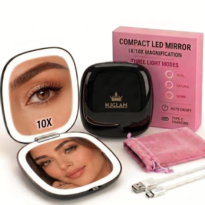 Compact LED Mirror, 3.9 inches 1X &10X Magnification, Auto ON/Off, USB Charging, 3 Light Setting & Dimmable, (Black) - color: Black