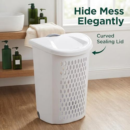 2-Bushel Rolling Plastic Laundry Basket with Wheels & Lid, White | Heavy-duty build, retractable pull handle, ideal for dorm rooms & apartment laundry storage