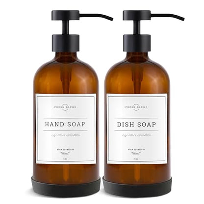 Vine Creations Amber Glass Soap Dispenser Set - Kitchen Soap Dispenser Set with Stainless Steel Pump - 16 oz Dish Soap and Hand Soap Dispensers for Bathroom with Silicone Pad & Waterproof Labels - color: Amber Bottle / Matte Black Flat-style Pump