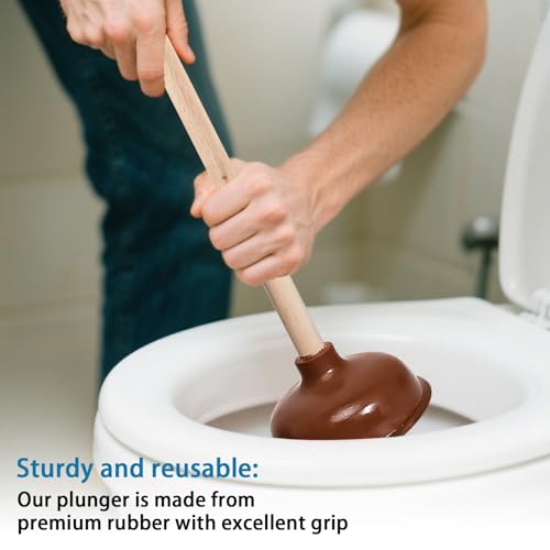 10 Pcs Toilet Plungers with 18 Inch Long Wooden Handle Heavy-duty Design, Strong Force Suction Cup Rubber Plunger for Bathroom, Fix Clogged Toilets, Drains, and Sinks (Brown)