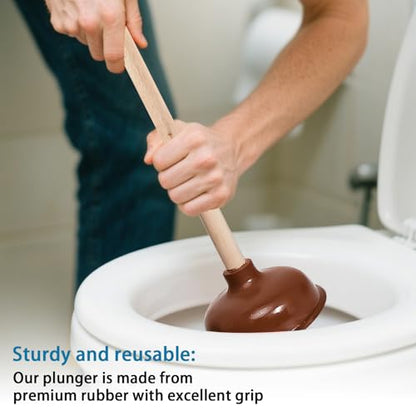 10 Pcs Toilet Plungers with 18 Inch Long Wooden Handle Heavy-duty Design, Strong Force Suction Cup Rubber Plunger for Bathroom, Fix Clogged Toilets, Drains, and Sinks (Brown)
