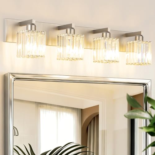 Aipsun Brushed Nickel Bathroom Lighting Fixtures 4 Light Crystal Modern Bathroom Vanity Light (Exclude Bulb) - color: Brushed Nickel, size: 32 inch