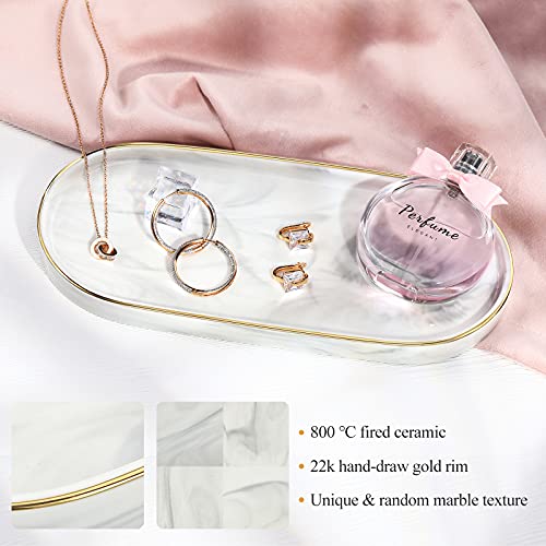 Luxspire 9.8" Bathroom Vanity Tray Marble Ceramic Dresser Jewelry Dish | M, non-slip waterproof resin, easy wipe clean, fits bath kitchen vanity, holds jewelry toiletries soap - color: Marble White+gold, style: Small