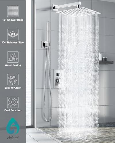 Aolemi Shower System with Rain Head and Handheld,16-Inch,Polish Chrome | High-Pressure Shower Faucet Set with Dual-Function Handheld,Rough-In Valve,1.8 GPM,Wall-Mount Trim Kit - color: Polish Chrome, size: 16 Inch