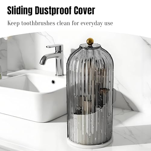 JEESA Dustproof Toothbrush Holder with Cover, Grey/White | 360° Rotating, 180° Sliding Lid, 3 Slots, Toothbrush Organizer, for Bathroom Countertop - color: Grey/White