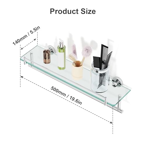 20-Inch Floating Tempered Glass Bathroom Shelf with Towel Bar - Chrome Polished & Stainless Steel, Wall Mount - color: Chrome Polished, size: 20-inch with Railing
