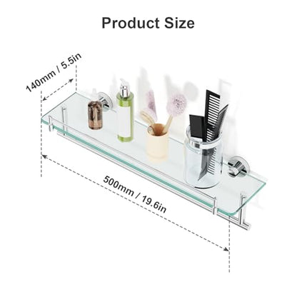 20-Inch Floating Tempered Glass Bathroom Shelf with Towel Bar - Chrome Polished & Stainless Steel, Wall Mount - color: Chrome Polished, size: 20-inch with Railing