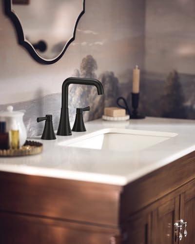 Moen Ronan Matte Black Two-Handle Widespread Modern Double Bend Bathroom Faucet, Valve Included, 84026BL - color: Matte Black, style: 2-Handle Widespread