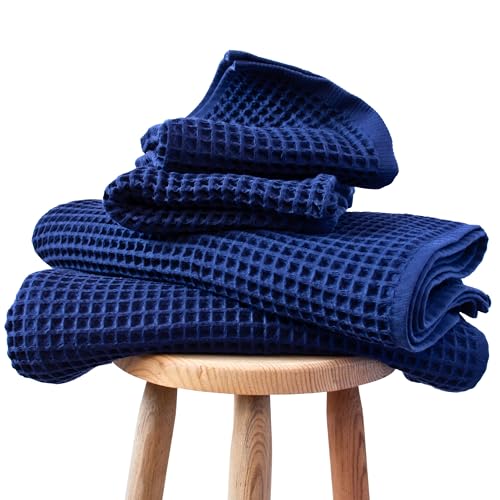 PÜSKÜL Natural 100% Turkish Cotton Waffle Towels Set of 4-Piece, Navy Blue | 2-Bath sheet (Extra-large 32x63") and 2-Hand towel (Large 32x16"). Premium honeycomb-waffle weave, oeko-tex made in Turkiye. - color: Navy Blue