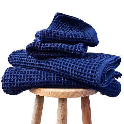 PÜSKÜL Natural 100% Turkish Cotton Waffle Towels Set of 4-Piece, Navy Blue | 2-Bath sheet (Extra-large 32x63") and 2-Hand towel (Large 32x16"). Premium honeycomb-waffle weave, oeko-tex made in Turkiye. - color: Navy Blue