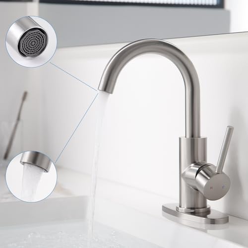 Brushed Nickel Bathroom Faucet - Single Hole Waterfall Bathroom Sink Faucet with Drain Assembly, 360° Swivel Spout Vanity Faucet Single Handle Lavatory Sink Faucet - color: Brushed Nickel