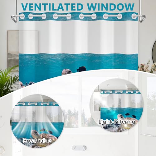 No Hook Shower Curtain and Liner Set, Washable Shower Curtain Liner & Ventilation Window, Water Repellent Bath Curtain Features Realistic-Style Sea Turtle Pattern, Bathroom Essentials, 71x74 Inch - color: Underwater World
