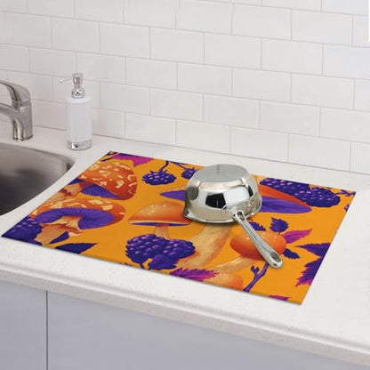 Lovely Mushroom Print Dish Drying Mat Absorbent Reversible Microfiber Kitchen Counter Protector Fast Drying Dish Pad Large“18 x 24" Dish Mat - color: Orange-Mushroom