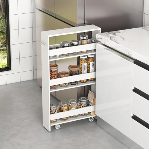 COSTWAY Slim Rolling Storage Cart, 4-Tier Rolling Utility Cart, Wood Kitchen Storage Cart with Handle & Wheels, Narrow Rolling Shelving Unit for Kitchen Bathroom Laundry Small Places (Plain White) - color: Plain White