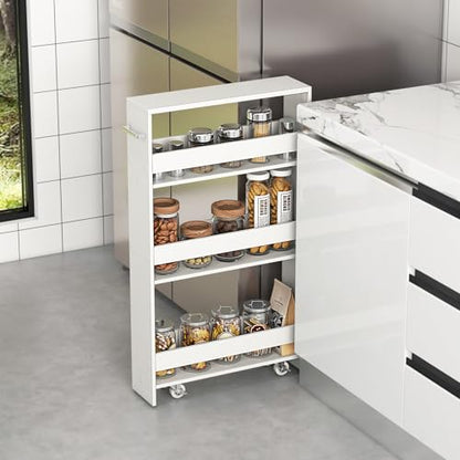 COSTWAY Slim Rolling Storage Cart, 4-Tier Rolling Utility Cart, Wood Kitchen Storage Cart with Handle & Wheels, Narrow Rolling Shelving Unit for Kitchen Bathroom Laundry Small Places (Plain White) - color: Plain White