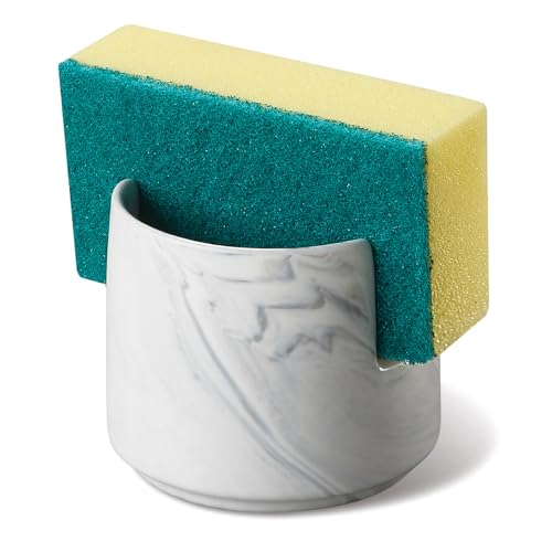 ONEMORE Ceramic Sponge Holder for Kitchen Sink, Dish Sponge Holder with Drain, Kitchen Sink Organizer for Sponge and Soap, Cute Ceramic Sink Holder, In Sink Sponge Storage for Kitchen Counter, Marble - color: Marble
