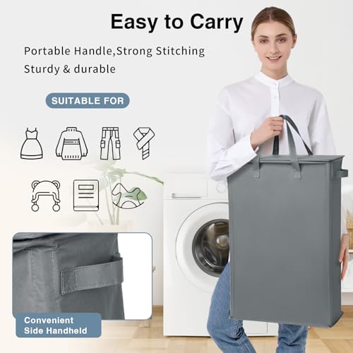 GOMAJI Slim Laundry Basket with Lid and Handles, Foldable Laundry Basket for Clothes, Clothes Hamper Easy to Carry, Dirty Hampers for Bedroom, Bathroom, Dorm, College, 12.7 Gallons(48L) - color: DARK GREY