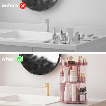 Jiavarry 360 Rotating Makeup Organizer with DIY 8 Adjustable Height, Pink | Lipstick Slots, Spinning Skincare, Brush and Perfume Storage, for Vanity Bathroom Countertop - color: Slot Top Pink