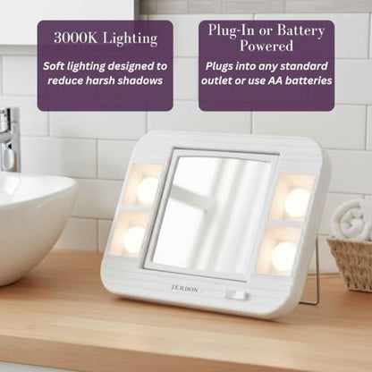 JERDON Lighted Makeup Mirror with 5X Magnification - White - J1015 | Two-Sided 6" x 6" Square Frame, Glare-Free Lighting