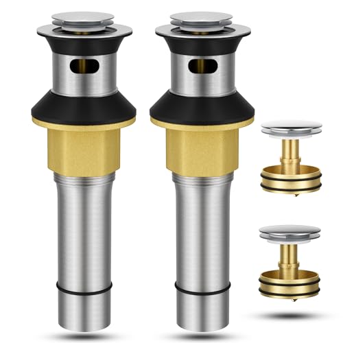 Bathroom Sink Drain with Overflow, Anti-Clogging Sus304 Stainless Steel Vanity Pop Up Drain Assembly with Strainer Basket, Fits 1.57 to 2.36 Inch Sink Openings, Brushed Nickel, 2 Pack - color: Brushed Nickel, style: Small Popup Cap(Pack of 2)