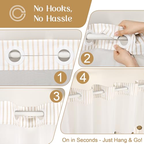 ASPMIZ Farmhouse Striped Shower Curtain and Liner Set No Hook, Beige 71x86 | No Hook Shower Curtain with Snap in Liner Fabric, Rustic Washable Waterproof Bathroom Curtains with Button, Mesh Top Window - color: Beige Striped, size: 71"W x 86"L (Pack of 1),