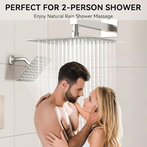 Thermostatic Shower System Brushed Nickel, STARBATH Shower Faucets Sets 12+ 6" Wall Mount Rain Shower and 2 in 1 Handhled, Can Use All at Once, Push Button 3 Modes Valve Complete Shower Set - color: Brushed Nickel, size: 6+12 inch-12