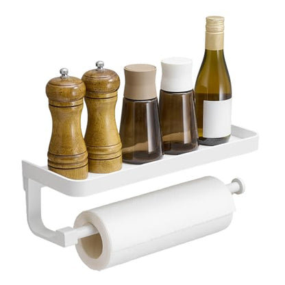Paper Towel Holder Wall Mount with Shelf, Bathroom/Kitchen Paper Towel Holder, Effortless One-Handed Tear, Rust-Proof Metal for Bedroom - color: White