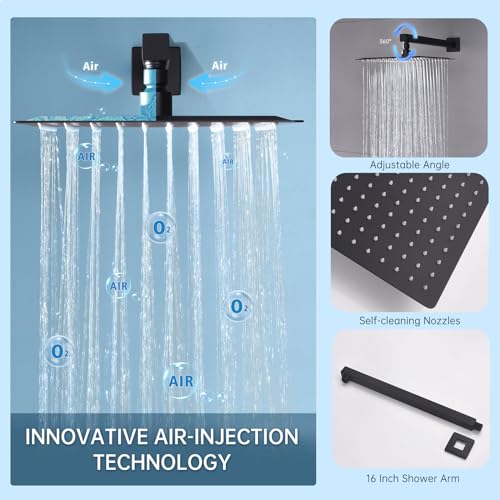 Dual Rainfall Shower Head System Matte Black, 3-Function Push Button Shower Faucet Set with 12" Wall Mount Rain shower head and 6" Wall Mount Shower Head, Pressure Balance Rough-in Valve - color: Matte Black, style: Wall Mount