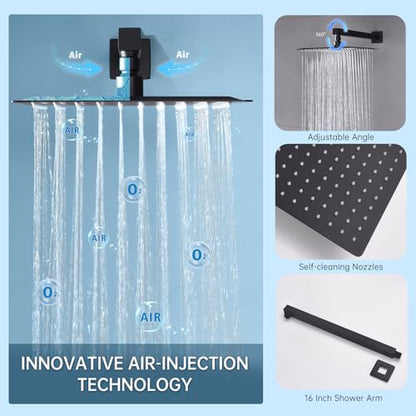Dual Rainfall Shower Head System Matte Black, 3-Function Push Button Shower Faucet Set with 12" Wall Mount Rain shower head and 6" Wall Mount Shower Head, Pressure Balance Rough-in Valve - color: Matte Black, style: Wall Mount
