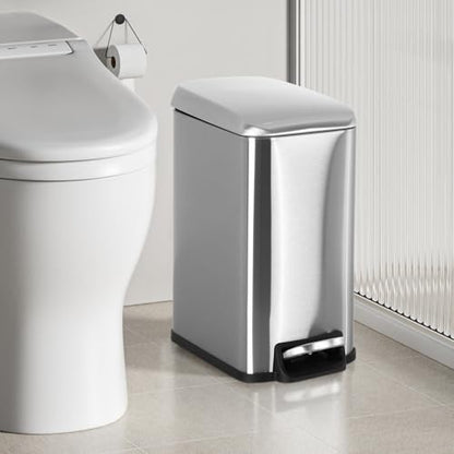 Small Bathroom Trash Can with Lid, 5 Liter/1.3 Gallon Stainless Steel Small Garbage Can with Removable Inner Bucket & Soft-Close Foot Pedal, Slim Trash Can for Bathroom, Bedroom, Office (Silver) - color: Silver, size: 1 Pack