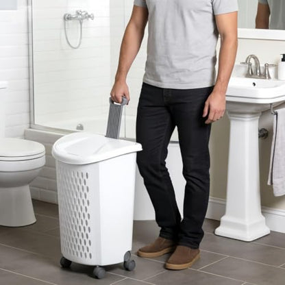 Wheeled Laundry Hamper with Retractable Handle, Plastic Rolling Laundry Basket for Easy Transport, Large 2-Bushel Capacity Clothes Hamper. Suitable for Laundry Rooms, Bathrooms, and Dormitories. White