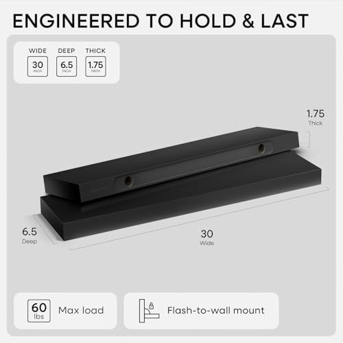 Black Floating Shelves 30 inches Long, High End Solid Real Wood 30 inch Floating Shelf for Wall Mounted, Black Wooden 30in Floating Shelves, Heavy Duty Bracket, 30 X 6.5 X 1.75 in, Set of 2 - color: Modern Black - Rich Neutral Satin, size: 30 inch