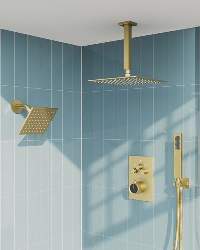 Shower Faucet Set with Handheld Spray, Brushed Gold | 12" Ceiling Mount SUS304 Rainfall Shower Head System, 6" Side Head, 3-Function Thermostatic Valve Trim Kit, All Metal - color: Brushed Gold