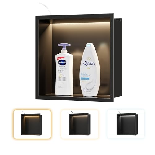Qeke 12" X 12" Stainless Steel Shower Niche w/ 3 CCT Dimmable Light, Black | No Tile Needed Wall Niche, Recessed Niche w/ Light(3000K/4000K/6000K), IP66 Waterproof, Space Saving & Durable - color: Matte Black, size: 12" X 12"