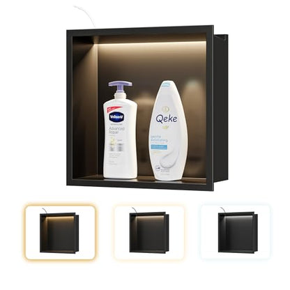 Qeke 12" X 12" Stainless Steel Shower Niche w/ 3 CCT Dimmable Light, Black | No Tile Needed Wall Niche, Recessed Niche w/ Light(3000K/4000K/6000K), IP66 Waterproof, Space Saving & Durable - color: Matte Black, size: 12" X 12"