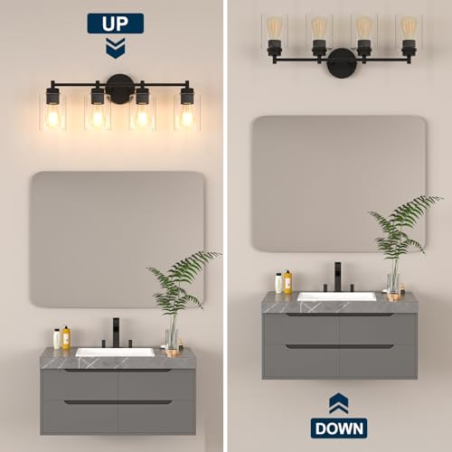 4-Light Bathroom Light Fixtures, Matte Black Modern Vanity Light with Clear Glass Shades, Bathroom Sconce for Mirror Living Room Cabinet Bedroom Porch,E26 Base(Bulbs Not Included) - color: Black 4 Lights