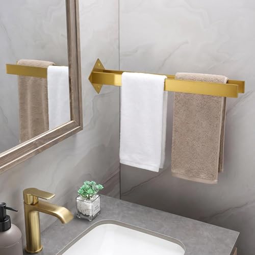 Double Rod Towel Bar 16 Inch, SUS304 Stainless Steel Wall Mounted Towel Holder, Bathroom Kitchen Double Layer Towel Rail, Modern Design Square Wall Towel Rack for Bathroom, Kitchen Gold - color: Gold