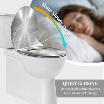 Elongated Toilet Seat Silver Brushed metal Resin Toilet Seat Quietly Close Quick Release Hinges with Cover Bumpers Decorative Easy to Install Clean