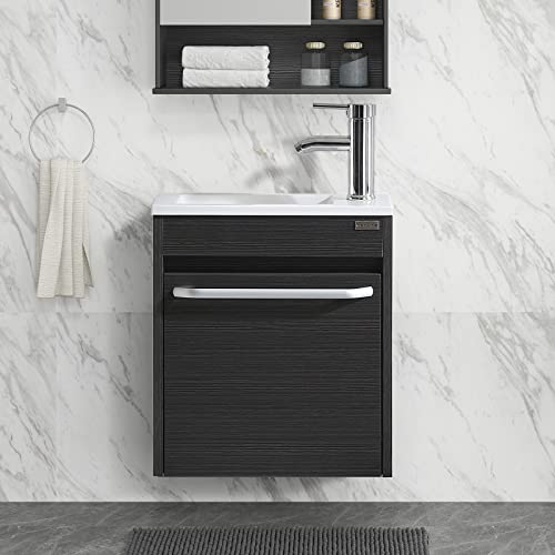 wonline 16” Bathroom Vanity Sink Combo for Small Space Black Wall Mounted Cabinet Set Design White Resin Basin Sink Top Chrome Faucet - color: Black