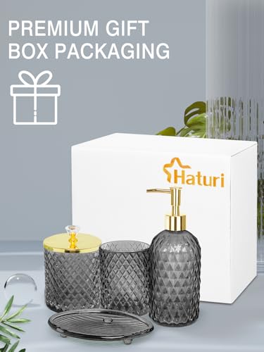 Haturi Glass Bathroom Accessories Set, Smoky Gray Bathroom Set, 4 Pcs | Kit w/ Bathroom Soap Dispenser Set, Toothbrush Holder, Qtip Holder, Vanity Tray, Gray Bathroom Decor, Gift for Home Apartment - style: Smoky Gray
