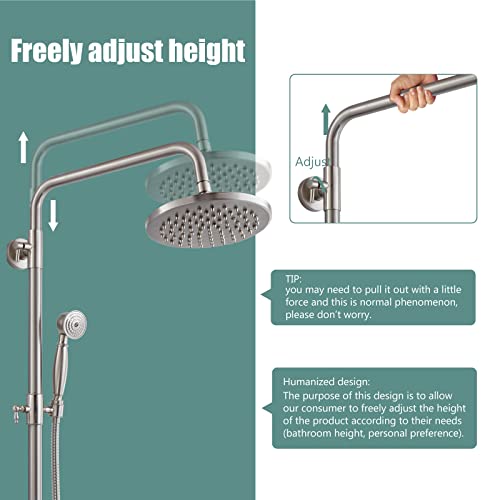 Heyalan Dual Shower System, 8 Inch Rain Head, Handheld,Brushed Nickel | Dual shower system with 8 inch rain head, handheld sprayer, exposed pipe design, two-handle control, and brass body. - color: Brushed Nickel