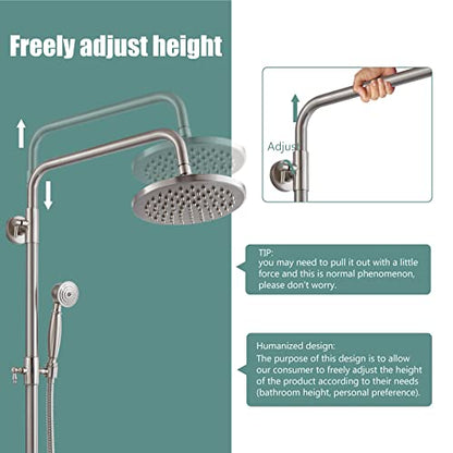 Heyalan Dual Shower System, 8 Inch Rain Head, Handheld,Brushed Nickel | Dual shower system with 8 inch rain head, handheld sprayer, exposed pipe design, two-handle control, and brass body. - color: Brushed Nickel