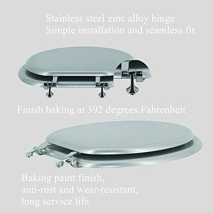 Elongated Toilet Seat Wood Toilet Seat Prevent Shifting with Zinc Alloy Hinges American Standard Size Toilet Seat Easy to Install also Easy to Clean(Elongated,Sparkling Classical Silver) - color: Classical Silver, size: Elongated